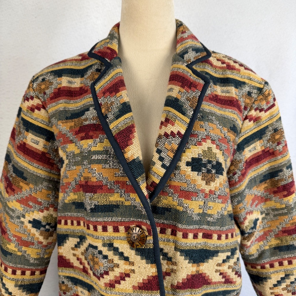 Southwestern Geometric Tapestry Blazer Jacket Womens Small Button Front Retro - Picture 2 of 12